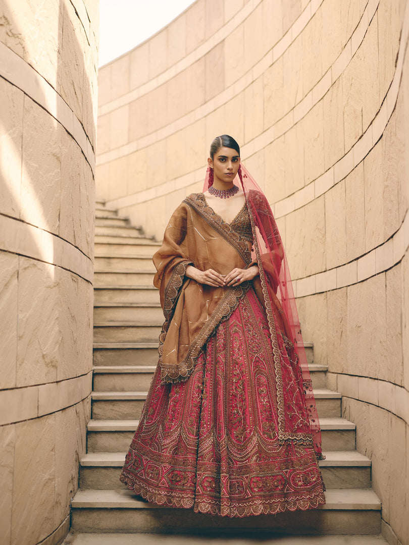 Calix Red Organza Lehenga