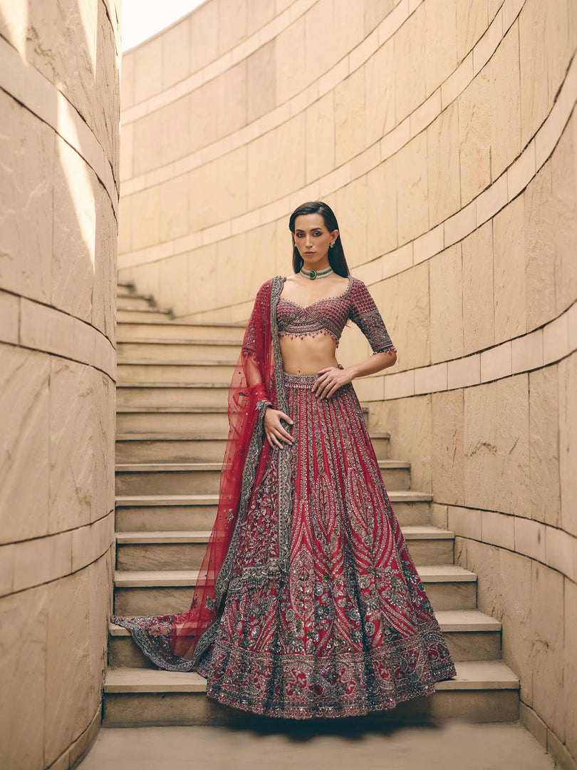 Rouge Red Grey Lehenga Set