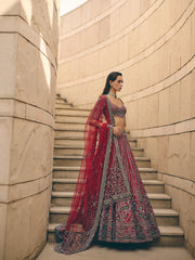 Rouge Red Grey Lehenga Set