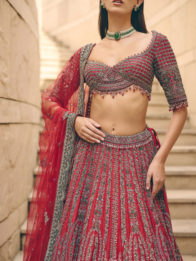 Rouge Red Grey Lehenga Set