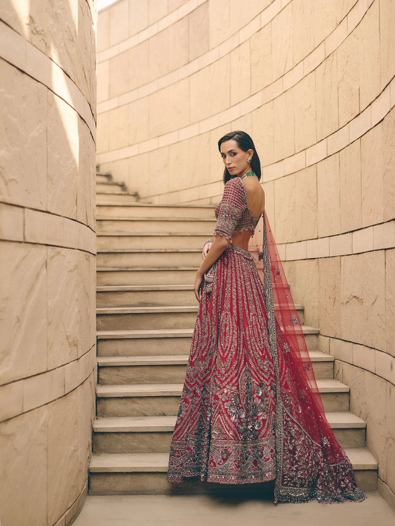 Rouge Red Grey Lehenga Set
