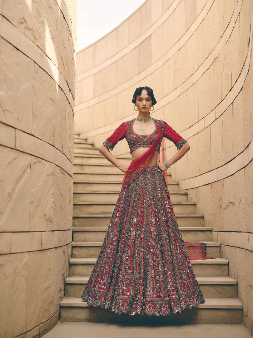 Cerise Red Net Lehenga Set