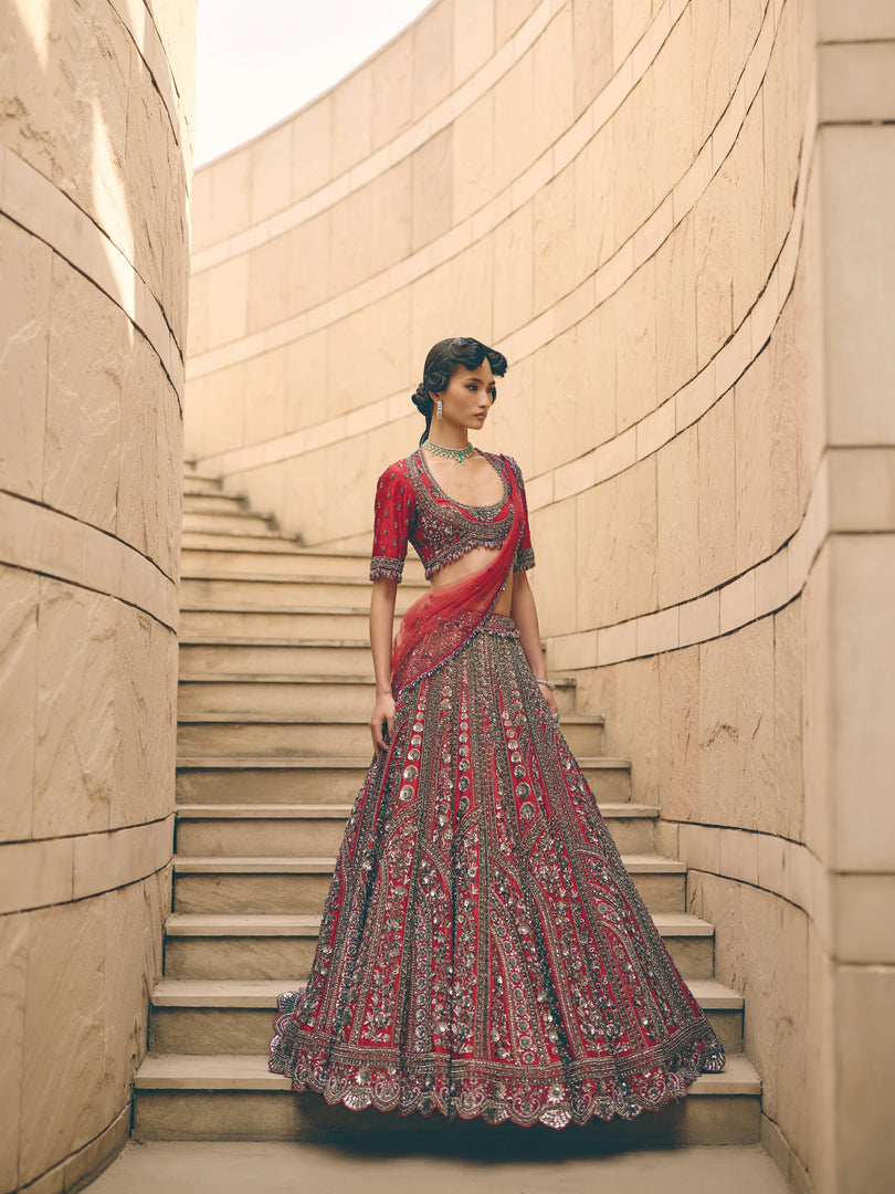Cerise Red Net Lehenga Set