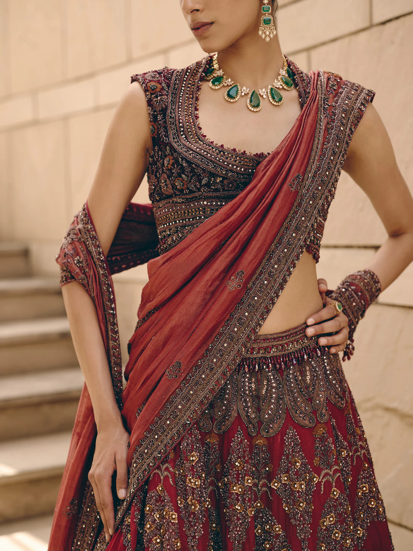 Cassian Aari Crimson Lehenga