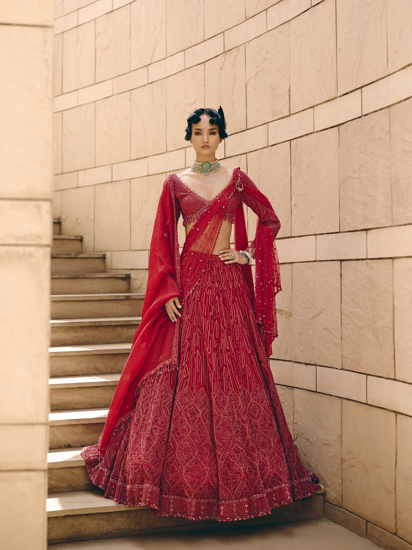 Gemma Red Net Lehenga Set