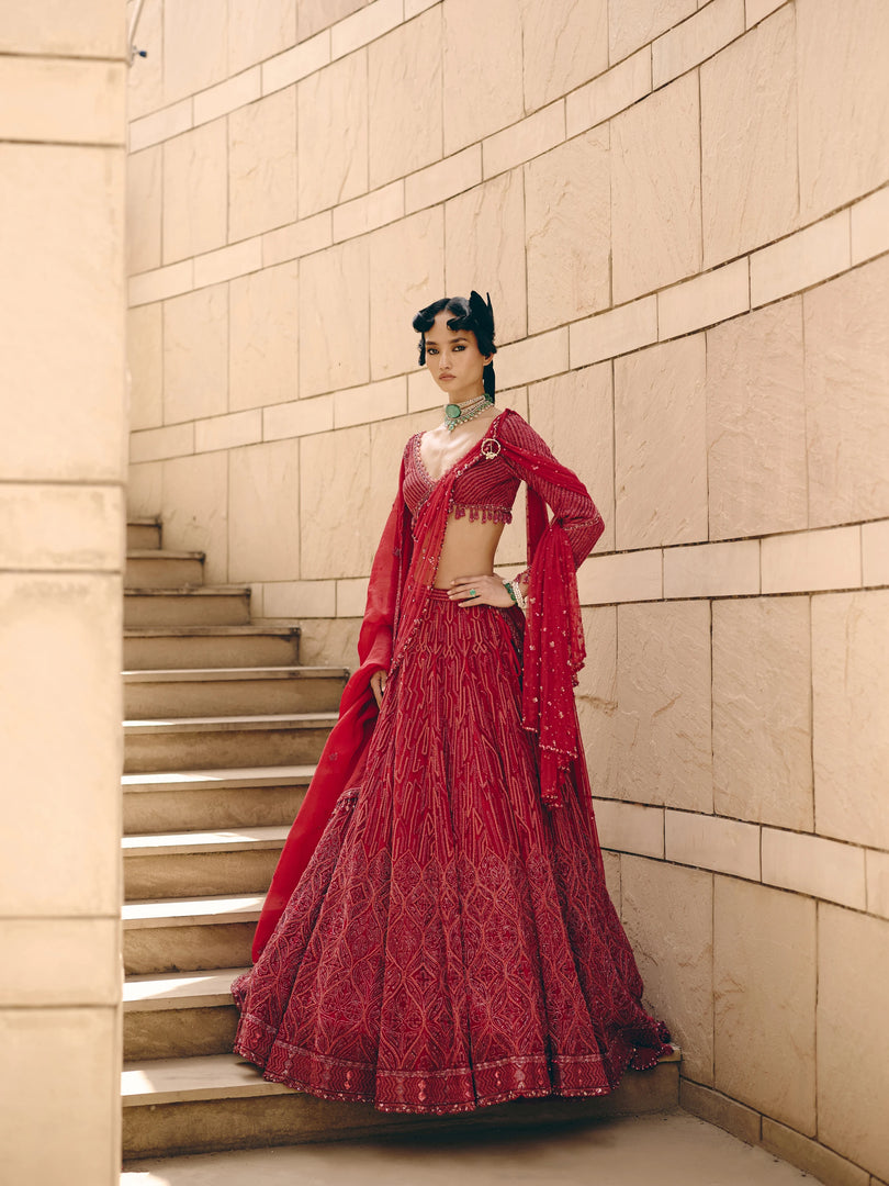 Gemma Red Net Lehenga Set