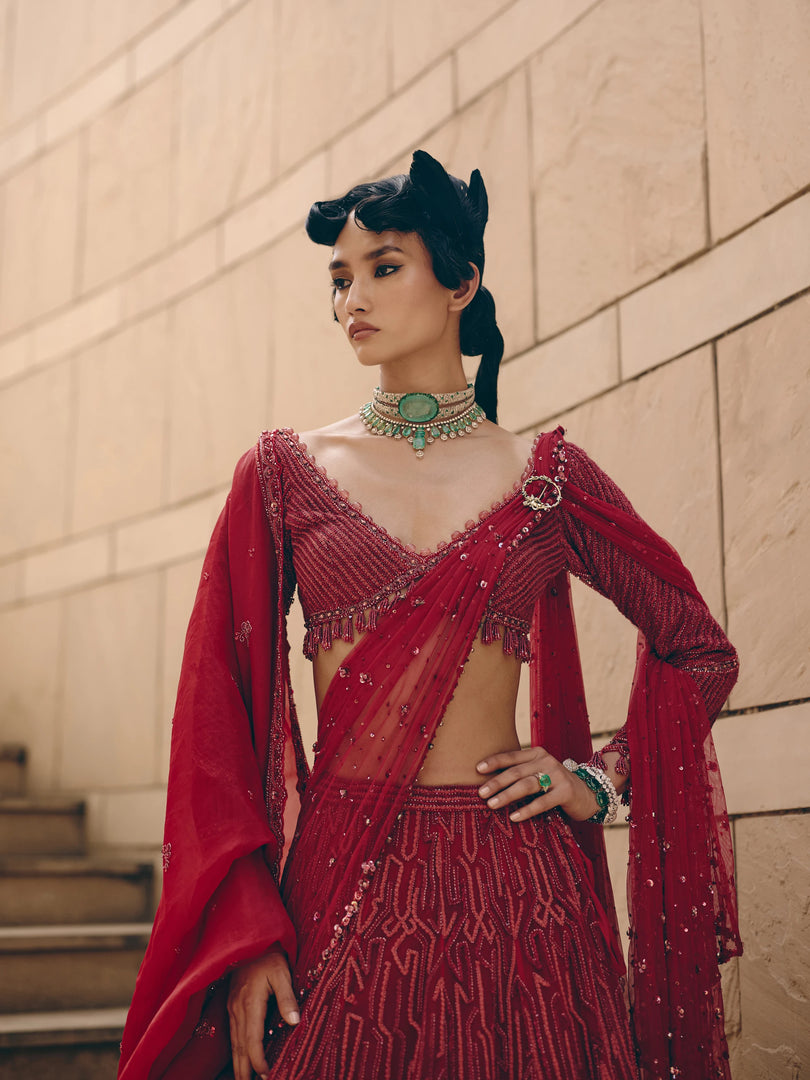 Gemma Red Net Lehenga Set