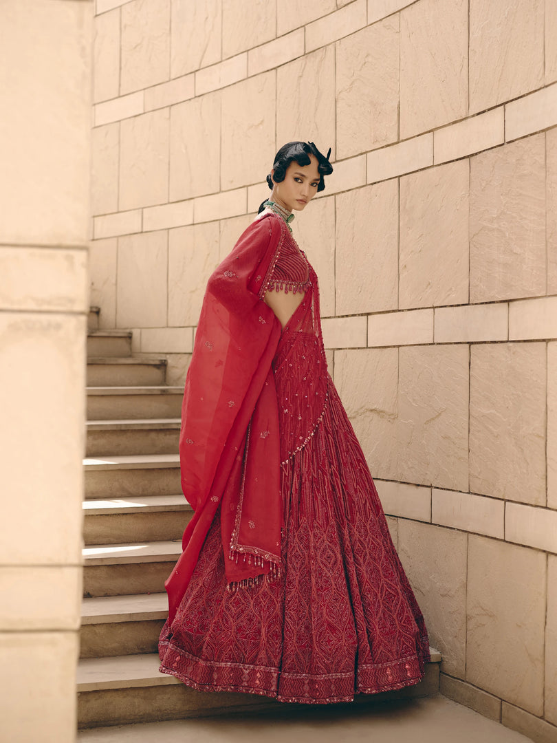 Gemma Red Net Lehenga Set