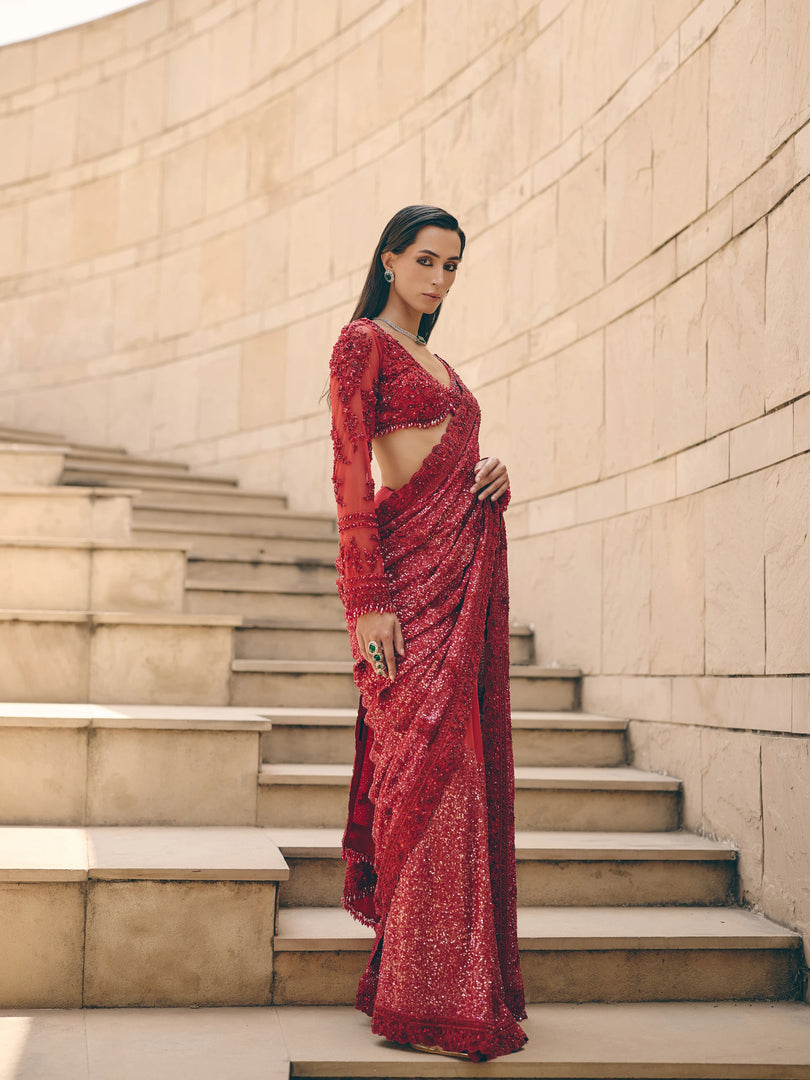 Noemi Resham Red Saree